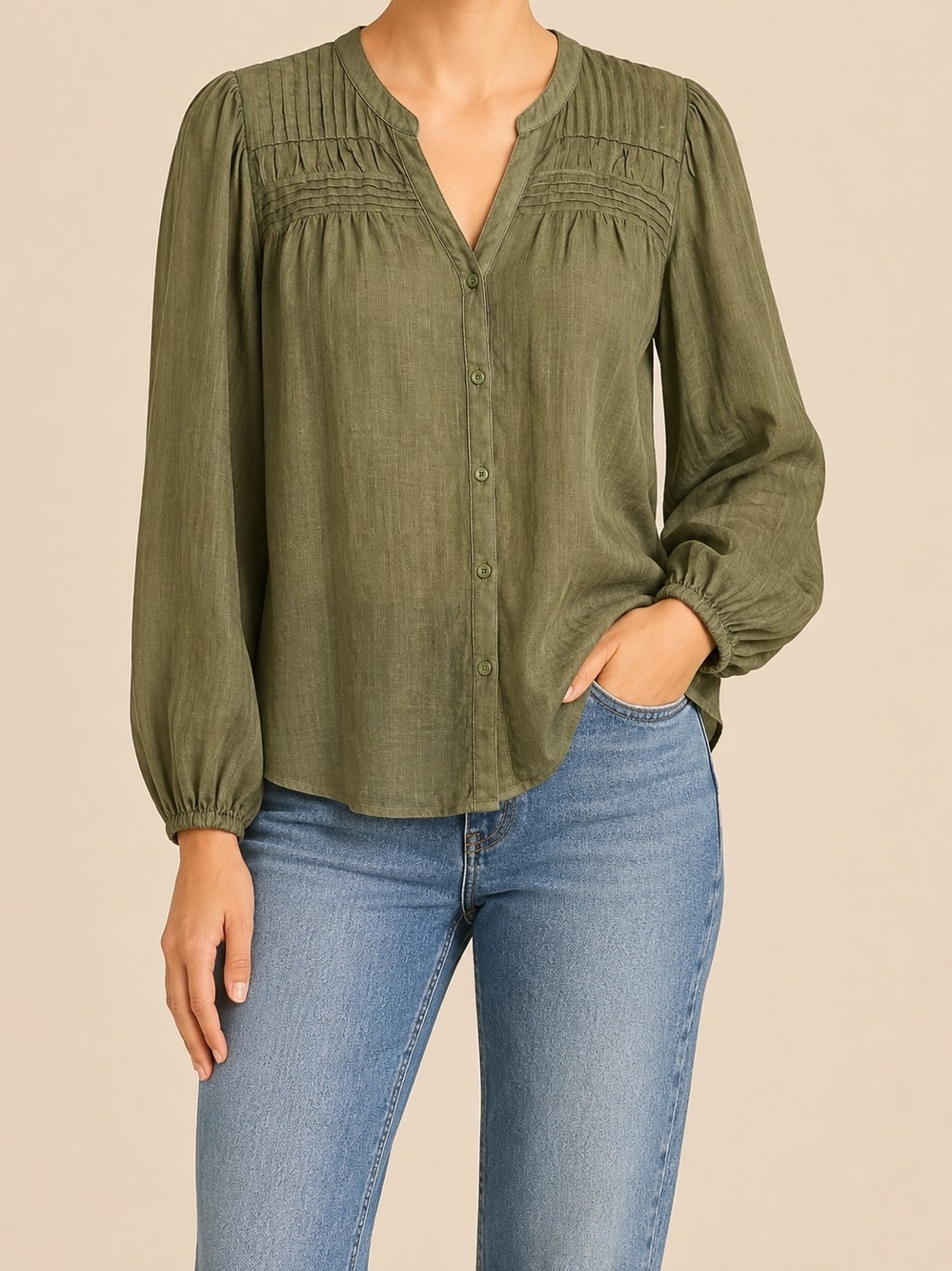 Tommy Bahama Palm Breeze Pintuck Blouse Sz L olive green Boho Ramie Tencel Blend